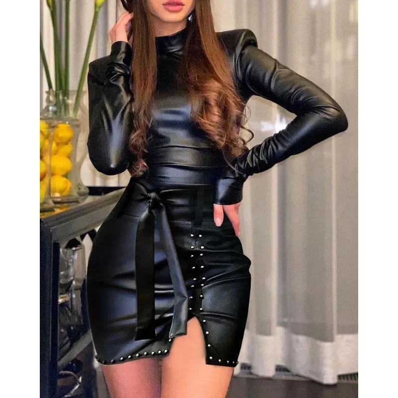 

Bodycon Mini Dress Sexy PU Sheath Dress Beaded Split Hem Trend Slit Hemline Leather Dress Women Long Sleeve Tied Detail Dress