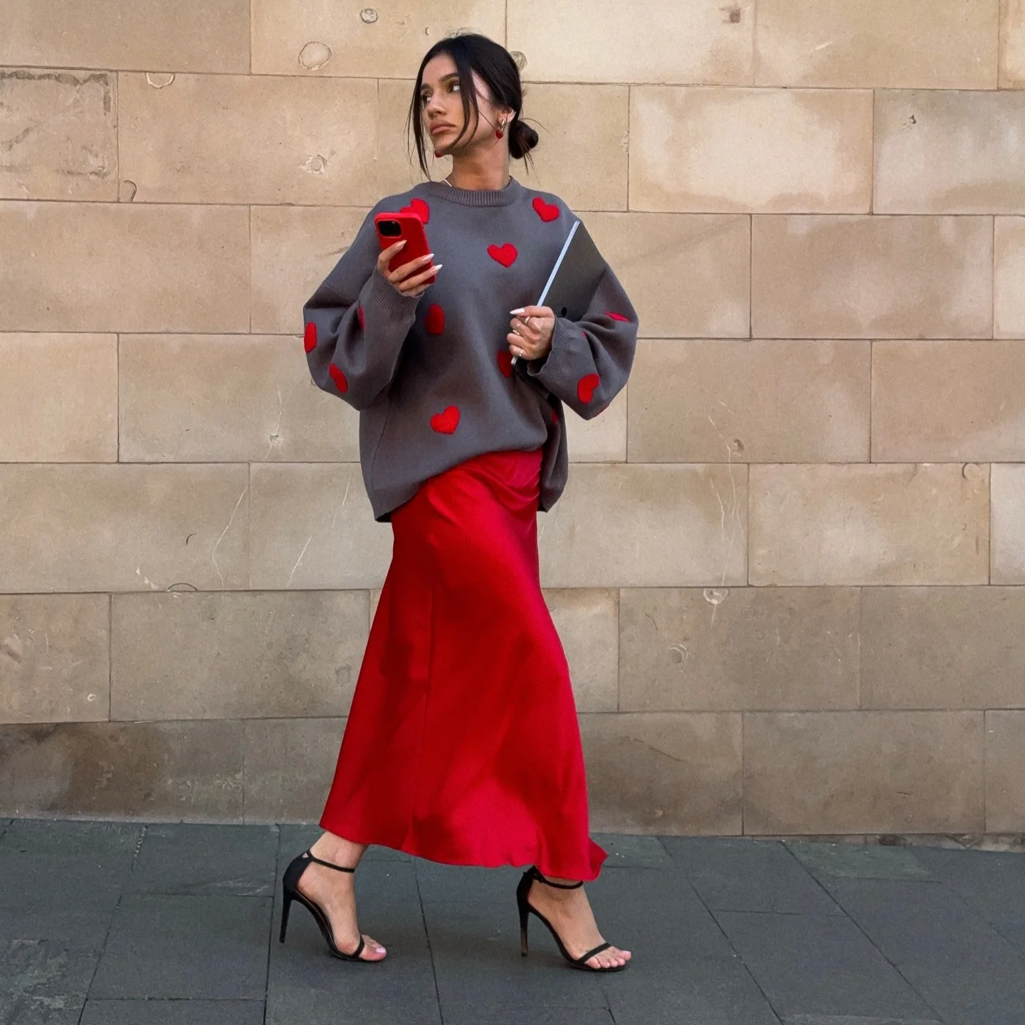 

2026 Women Fashion Cute Vintage Loose Knitted Pullover Sweet Heart Sweater Knitwear Long Sleeve O-Neck Female Chic Lady Tops