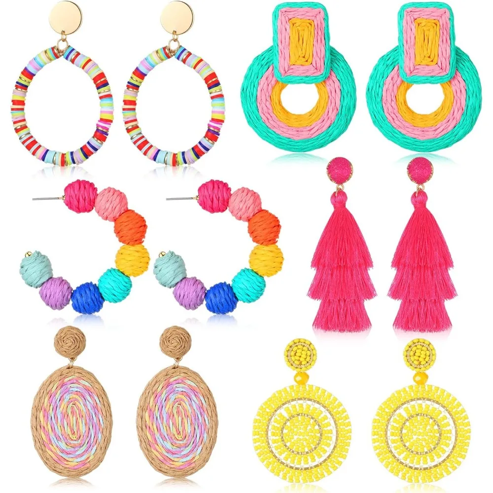 

6 Pair Rattan Straw Tassel Bohemian Earrings for Women Summer Party