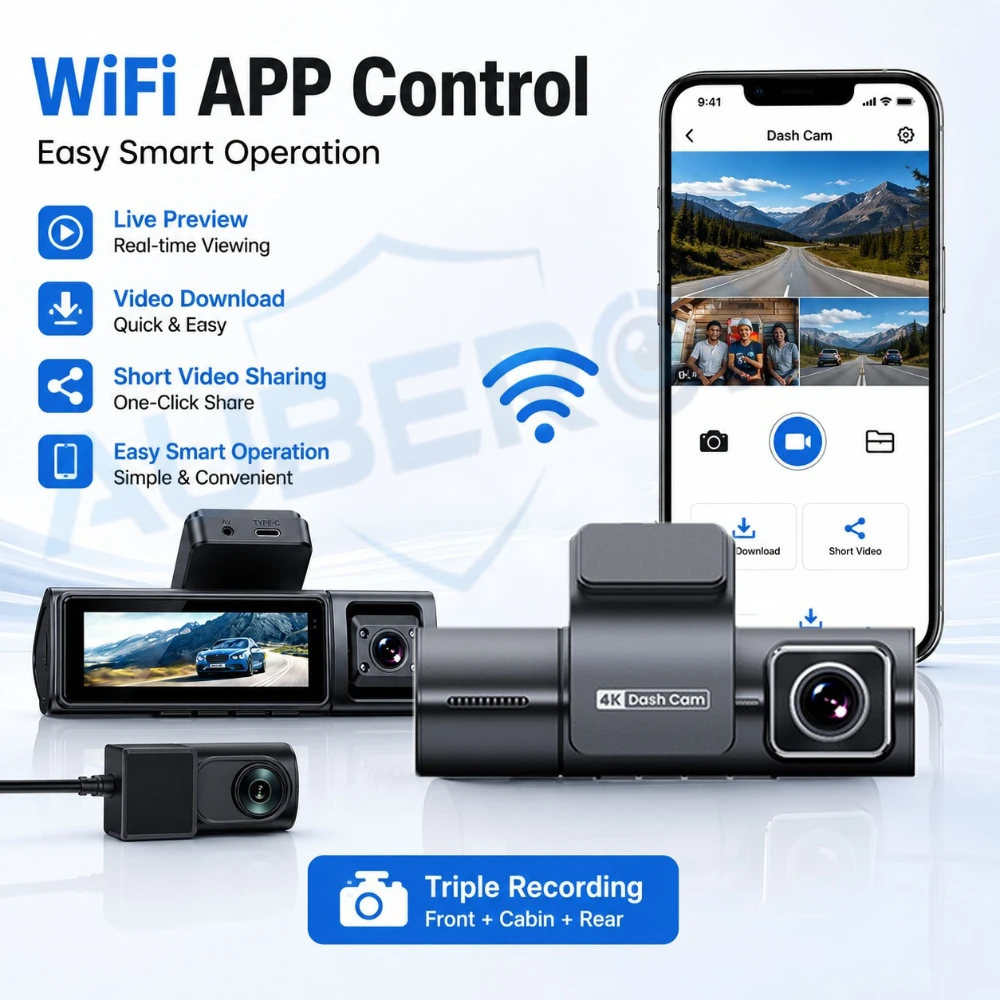 4K 3 Channel Dash Cam Front Cabin Rear 1080P WiFi App Night Vision G-Sensor Loop Recording Parking Monitor GPS Optional Car DVR