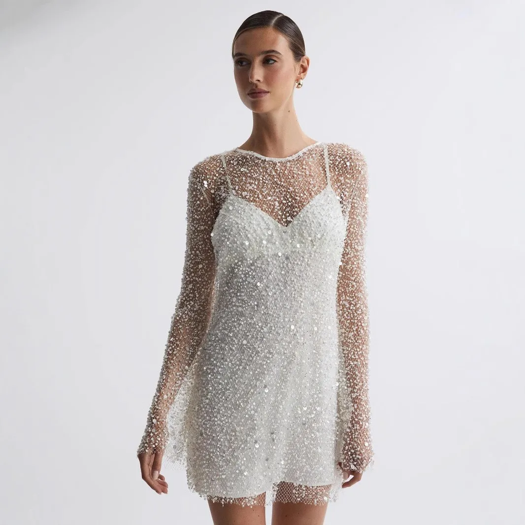 2025 Nuovo abito da donna a maniche lunghe in tulle con perline bianche Set da due pezzi, mini abito con top a tubo
