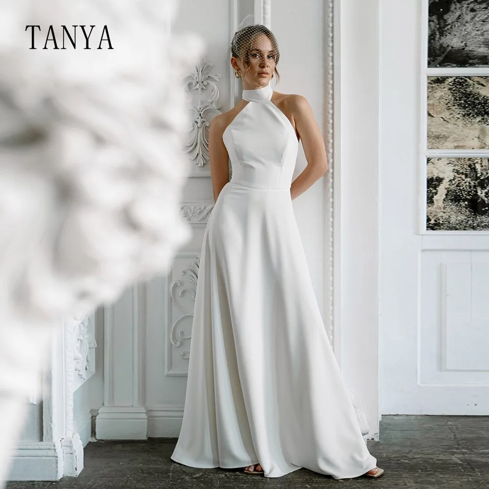 Soft Satin Halter Neck Wedding Dress For Women Simple A Line Sleeveless Sexy Backless Sweep Train Bridal Gown Chic TSWD145