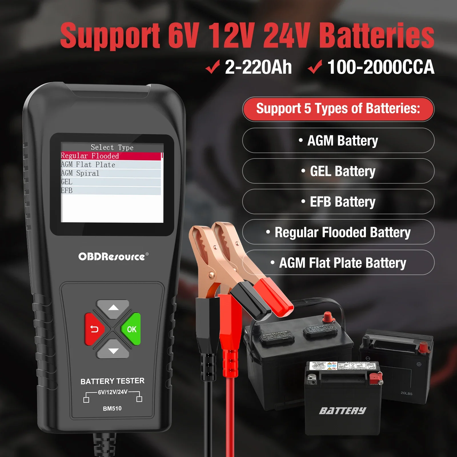 

OBDResource Car Battery Tester 6V, 12V, 24V, BM510 Automotive Battery Load Analyzer 100-2000 CCA for Car Truck Motorcycle Boat