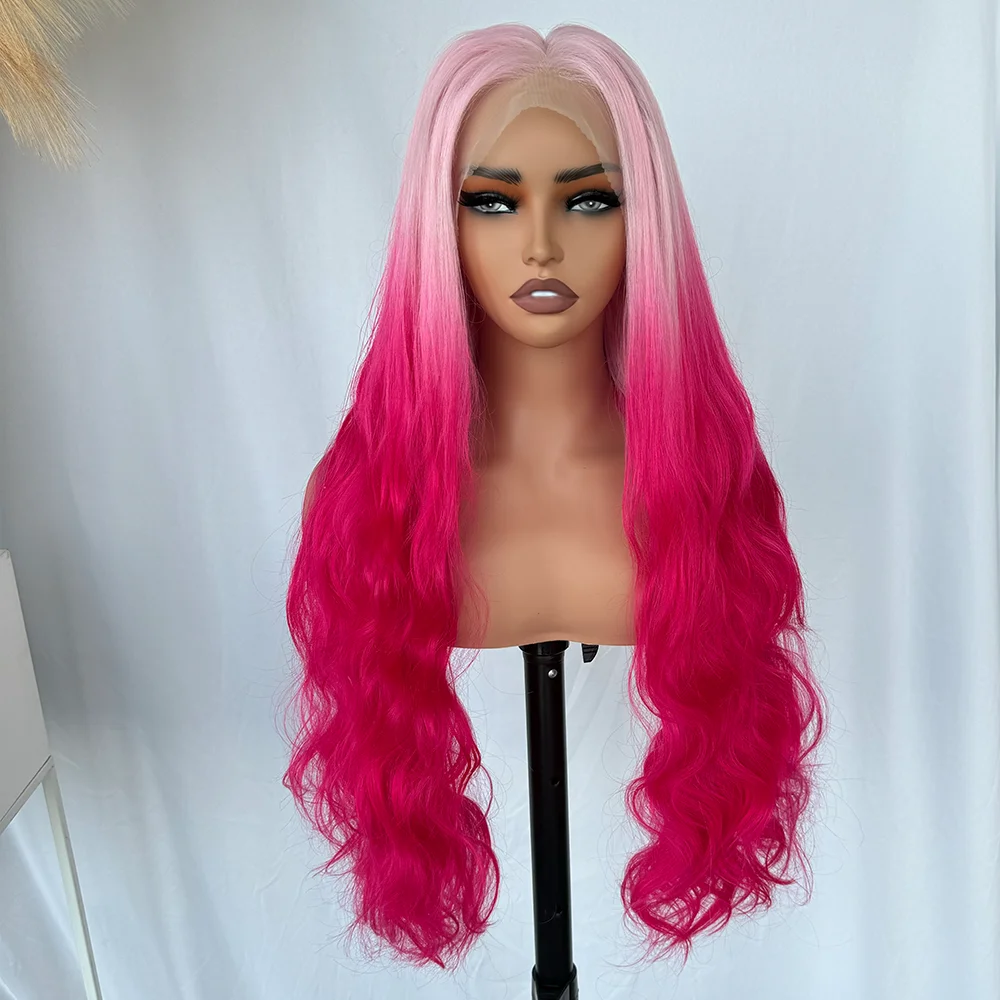 X-TRESS Gradient Pink Synthetic Wigs 13x6 Free Part Transparent Lace Front Wigs Long Natural Wavy Hair for Women Daily Party