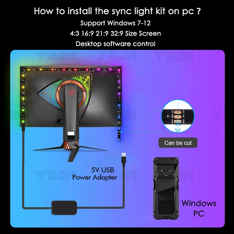 Immersive RGBIC LED Strips USB 5V PC Background Computer Light Strip Monitor Screen Color Sync Smart Control Ambient Decor Lamp