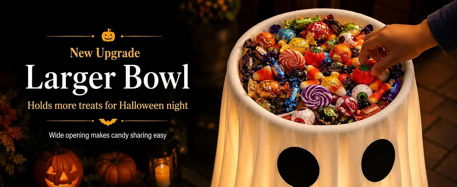 Larger lighted ghost bowl overflows with so many candies for easy outdoor porch trick-or-treating.