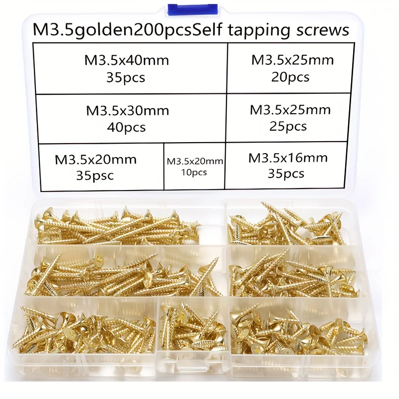 200pcs Wood screw kit, M3.5 gold-plated self-tapping screws, for household woodworking applications