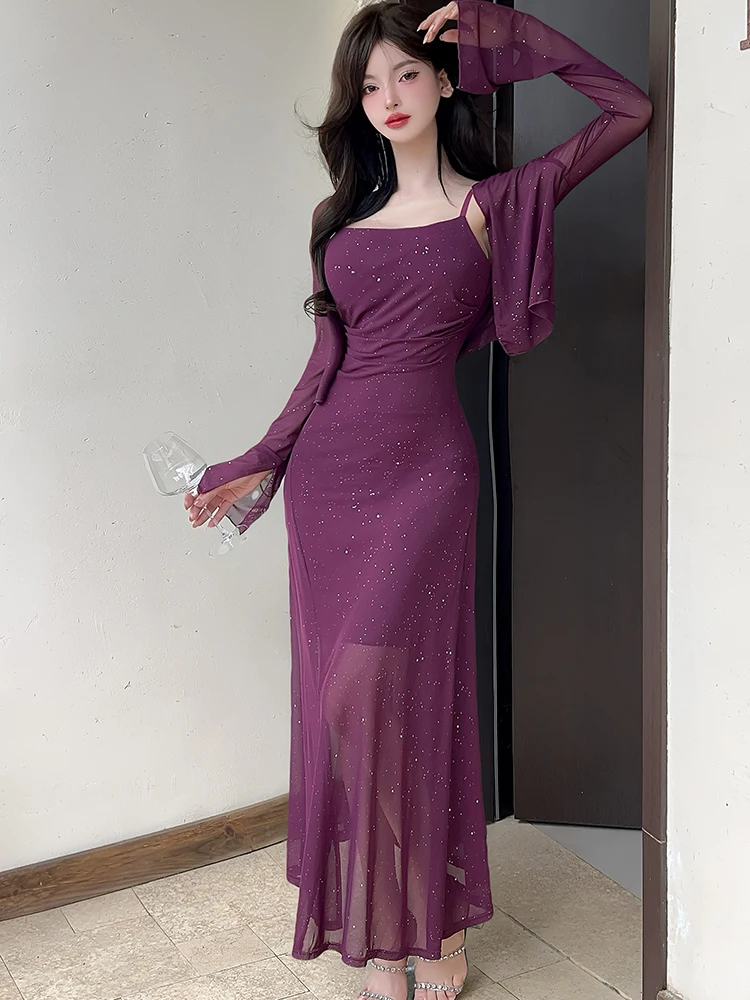 2025 rouge brillant maille Sexy fronde longue robe + t-shirts deux pièces ensembles femmes été coréen Vintage luxe moulante deux pièces costumes