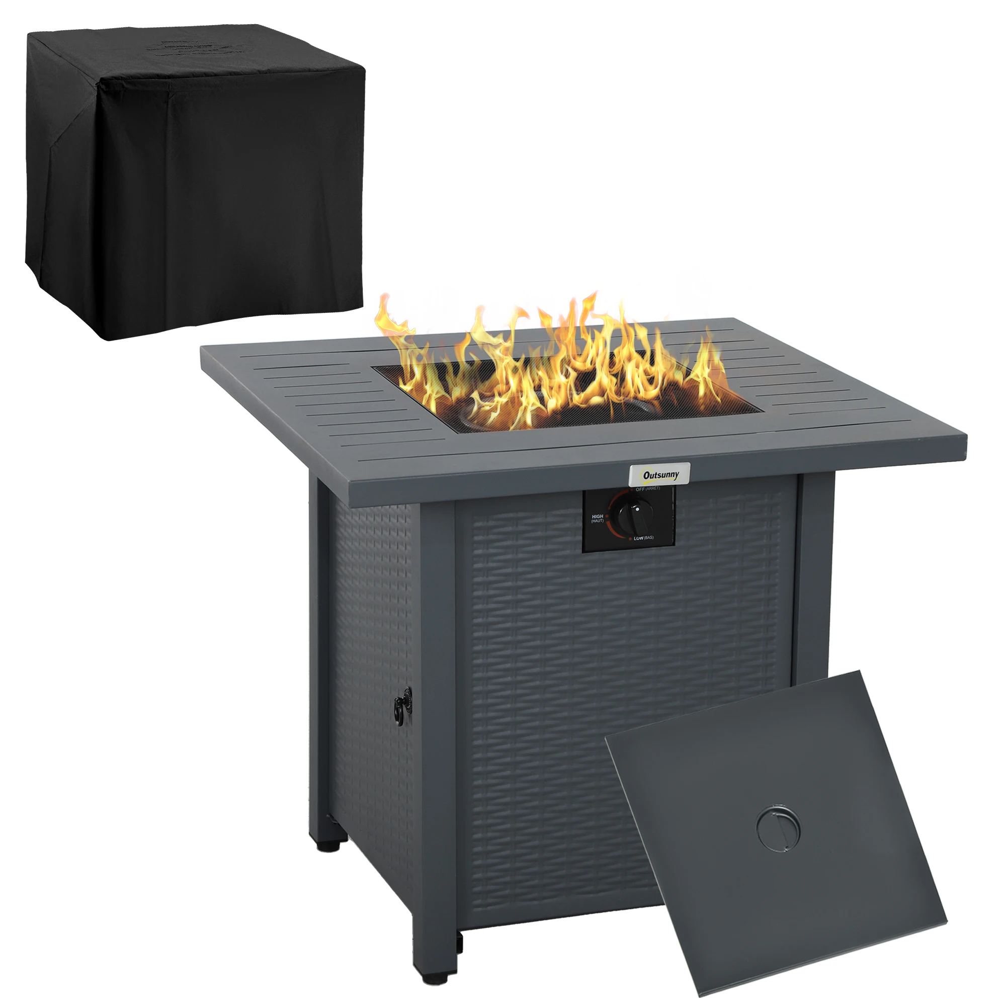 Outsunny Rattan-Style Propane Gas Fire Pit Table With 40,000 Btu Burner, Square Smokeless Firepit Patio Heater, Grey