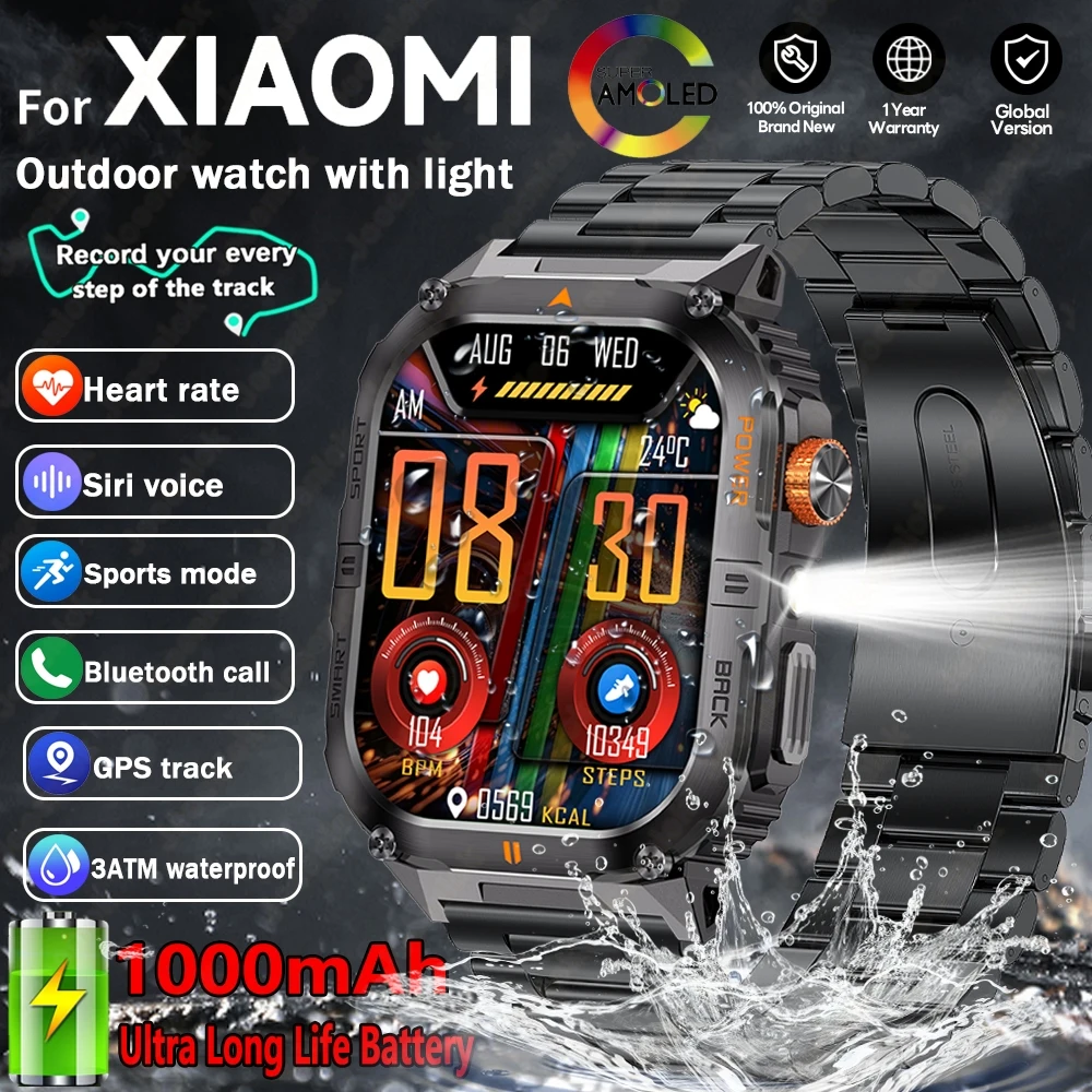 

2025 New smart watches Men 1000mAh Large Capacity Battery Outdoor Flashlight Bluetooth Call Waterproof Sport Fitness Smartwatch