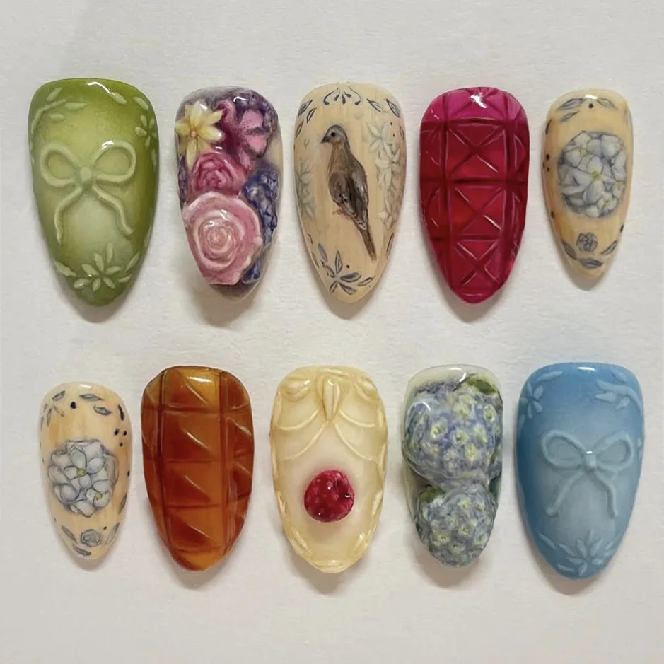 24Pcs Press On Nails Short Almond Vintage Cottagecore False Nails 3D Embossed Bow & Berry Floral & Bird Full Cover Fake Nails
