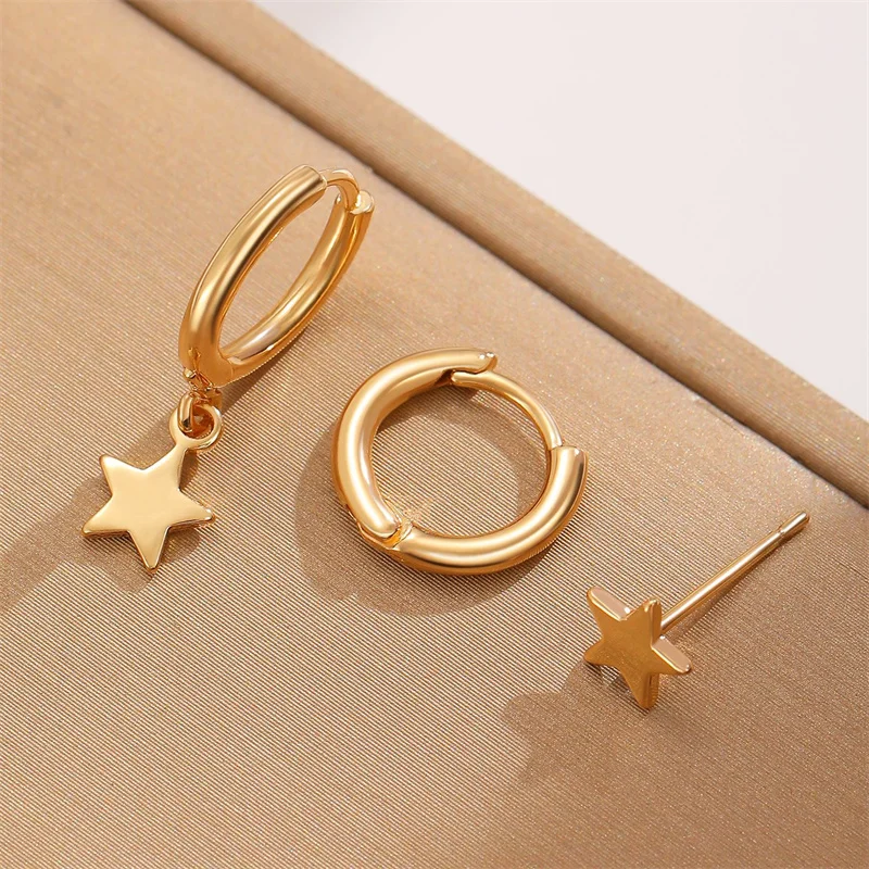 3 Piece Fashion Copper Round Star Moon Drop Earrings Set for Women 14K Gold Plated Dangle Earring Punk Unisex Rock Jewelry