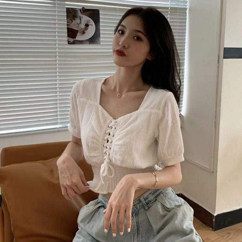 Fashion Puff Short Sleeve T-shirt Women All-match Square Collar Lace Up Crop Tops Korean Ruffles Waist-Tight Chiffon Blouse New