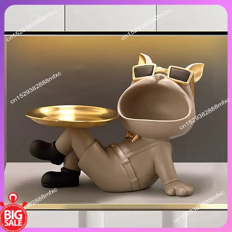 Big Deal Resin Bulldog Statue Storage Box, Home Decoration Art Sculpture, Multifunctional Candy Container. (Beige)