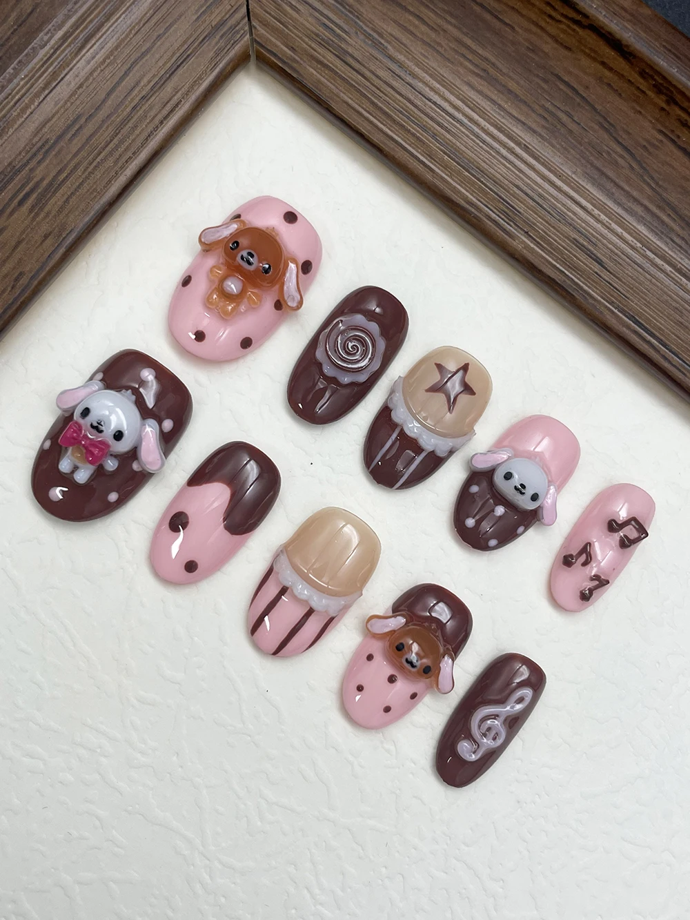 

10Pcs Handmade 3D Short Round Cute Sweet Rabbit Press On Nails Sticker Kawaii Pink Chocolate Color Star Notes Nail Manicure