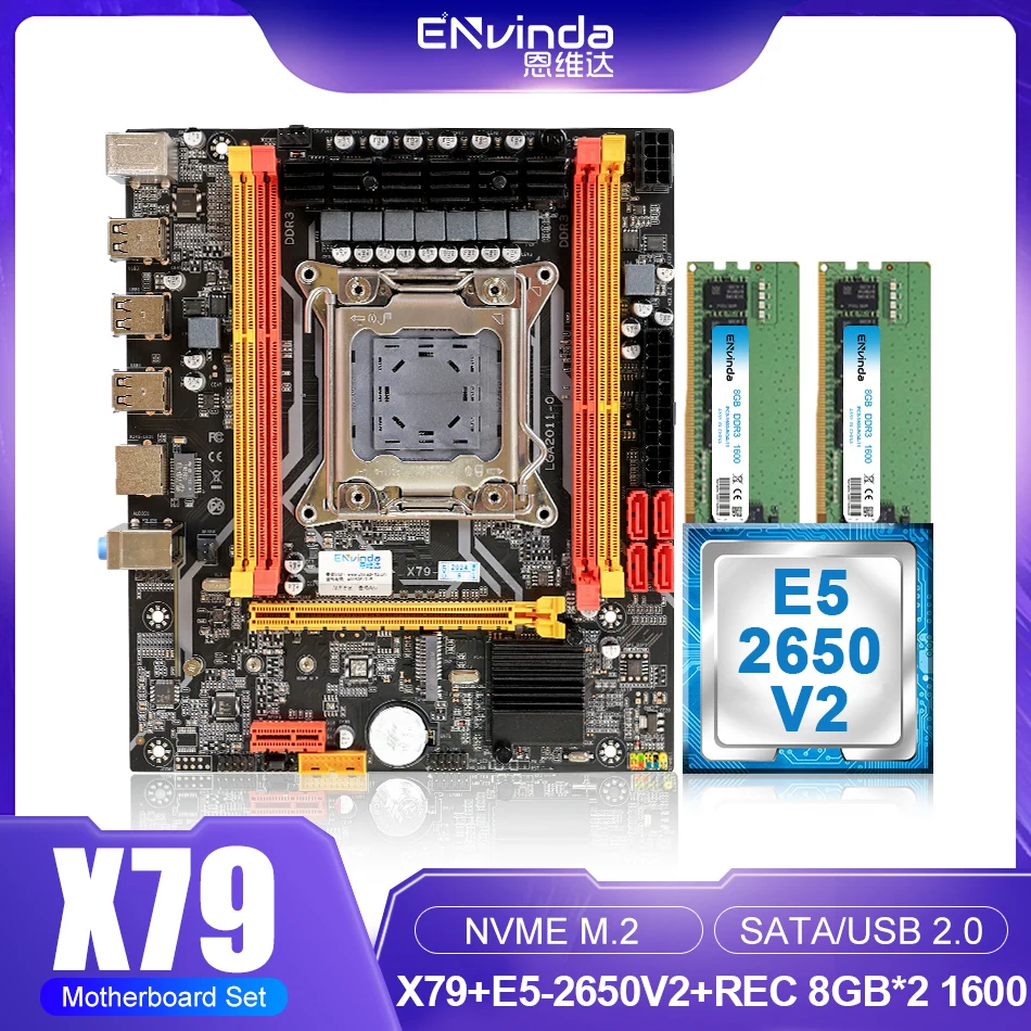 ENVINDA X79 Motherboard LGA 2011 E5 2650V2 CPU 2*8GB DDR3=16GB  REG ECC RAM PC3 12800R Memory Combo Kit Set NVME SATA Server