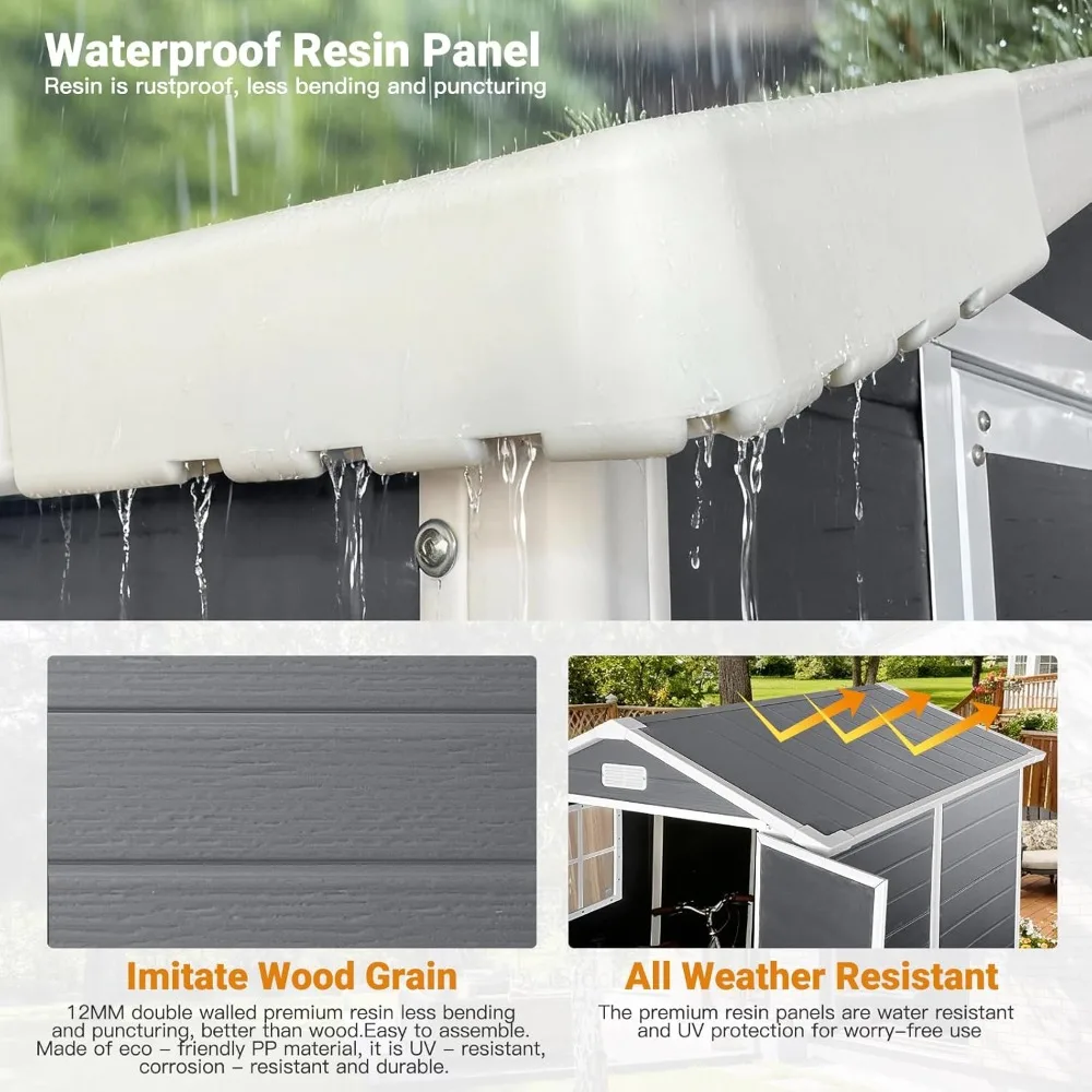 6x6 피트 야외 창고 (잠금 가능한 문 및 바닥 포함), 모든 날씨에 견디는 회색 플라스틱 정원 창고 (뒷마당, 파티오, 잔디밭용)