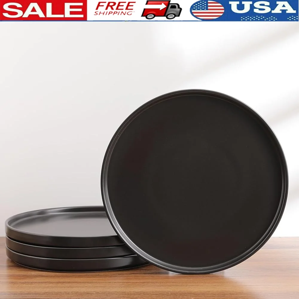 

Mid Century Modern Stoneware Dinner Plates Set of 4 Dishwasher Microwave Safe Black Matte Rustic Design Home Essentials
