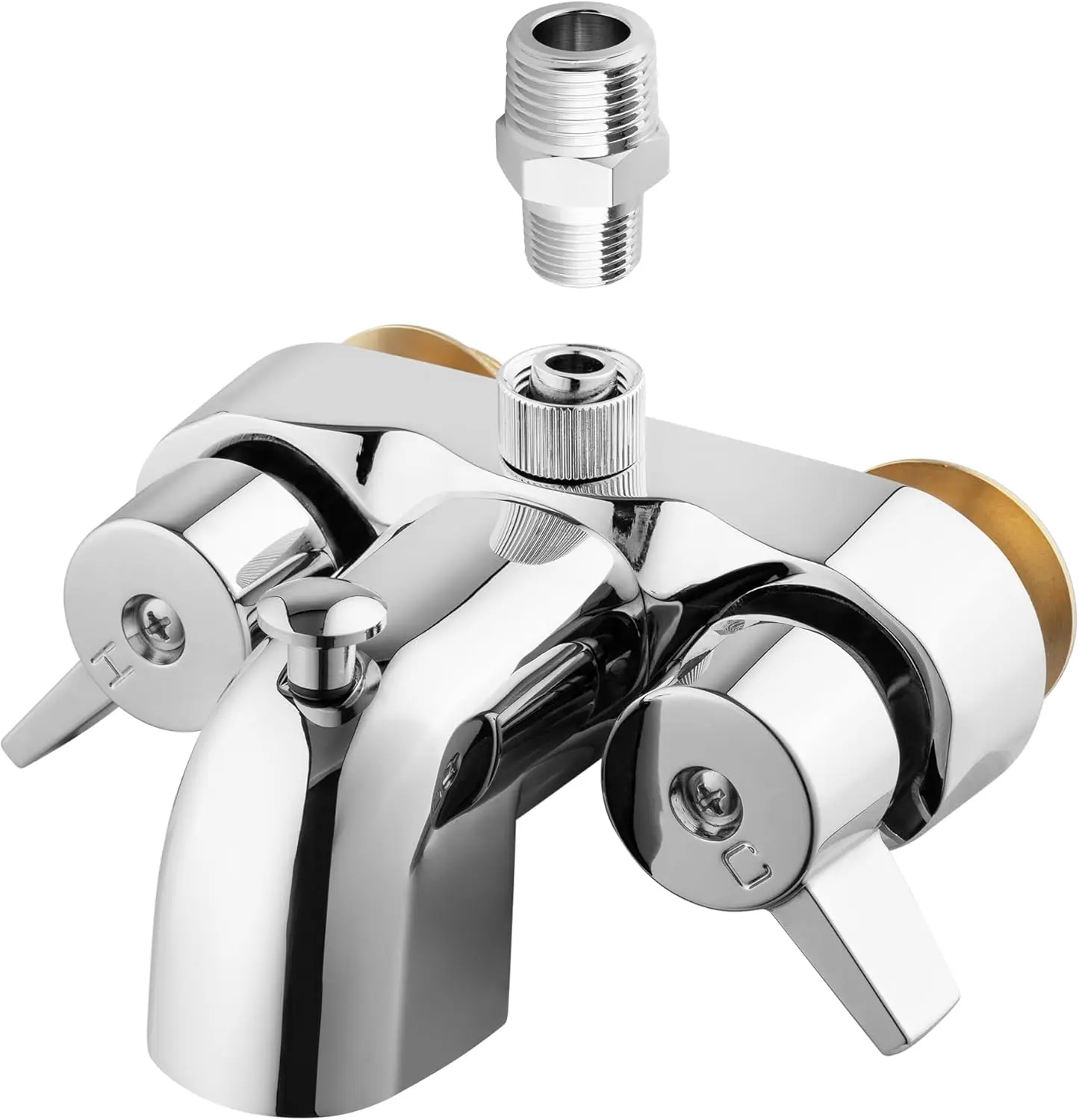 

Bathcock Clawfoot Tub Shower Diverter, 3 3/8' Center, Chrome, MIP Inlet, Shower Riser Outlet