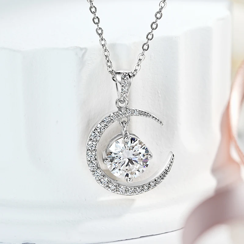 IOGOU D2.31CT Round Full Moissanite Sun Crescent Pendant 925 Silver Necklace for Women Girls High Quality Jewelry Holiday Gifts