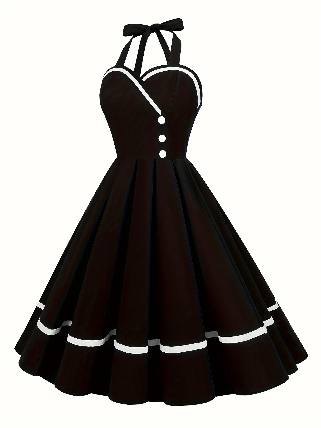 Elegant Vintage-Inspired Cotton Dress with Button Detail and Zip Waist - Halter Neck, Non-Sheer, All-Season Wear for Women