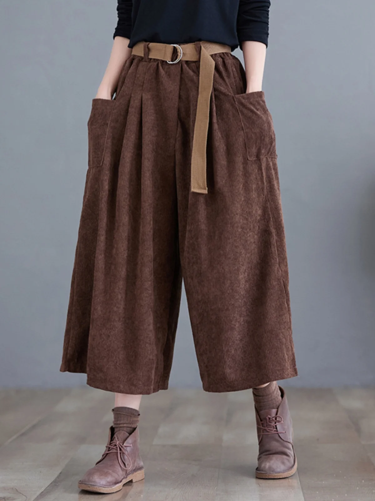 Pantaloni gonna in velluto a coste retrò Autunno Inverno da donna taglie forti Copertura di carne allentata Dimagrante Pantaloni da lavoro a sette quarti Pantaloni a gamba larga