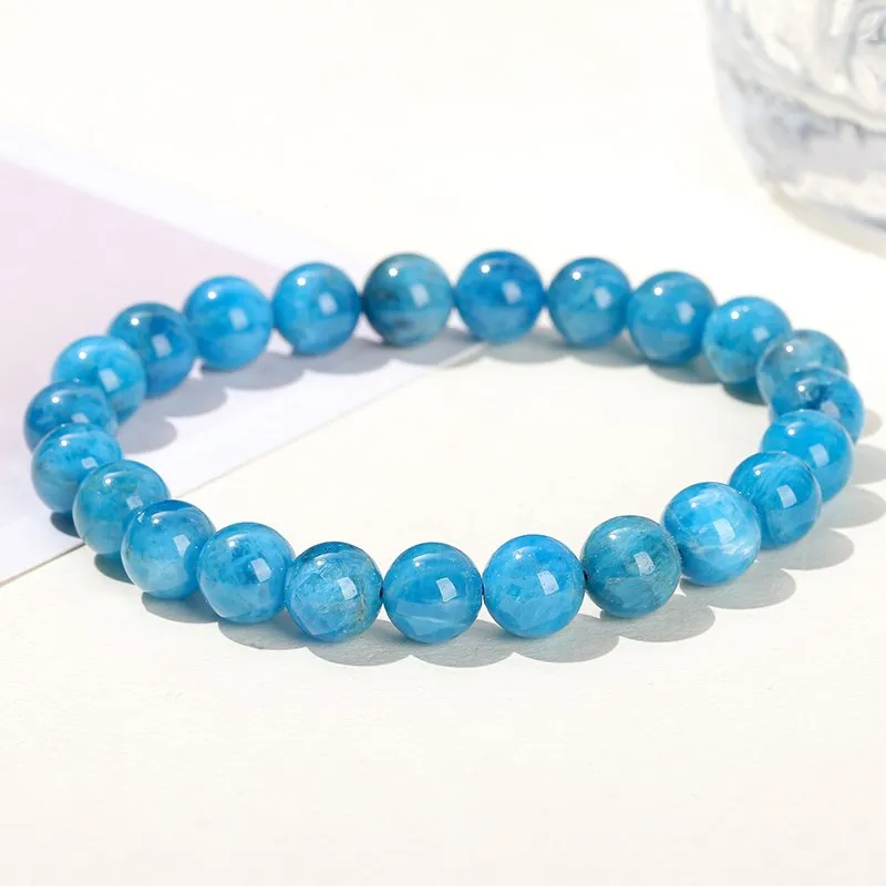 JD Natural Genuine Apatite Stone Bead Bracelet Women Men Fashion Blue Phosphorite Round Smooth Energy Bangles Jewelry Yoga Wrist