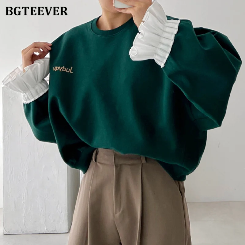 BGTEEVER Vintage O-neck Letter Female Pullovers Spring Patchwork Flare Sleeve Women Sweatshirts Ladies Tops