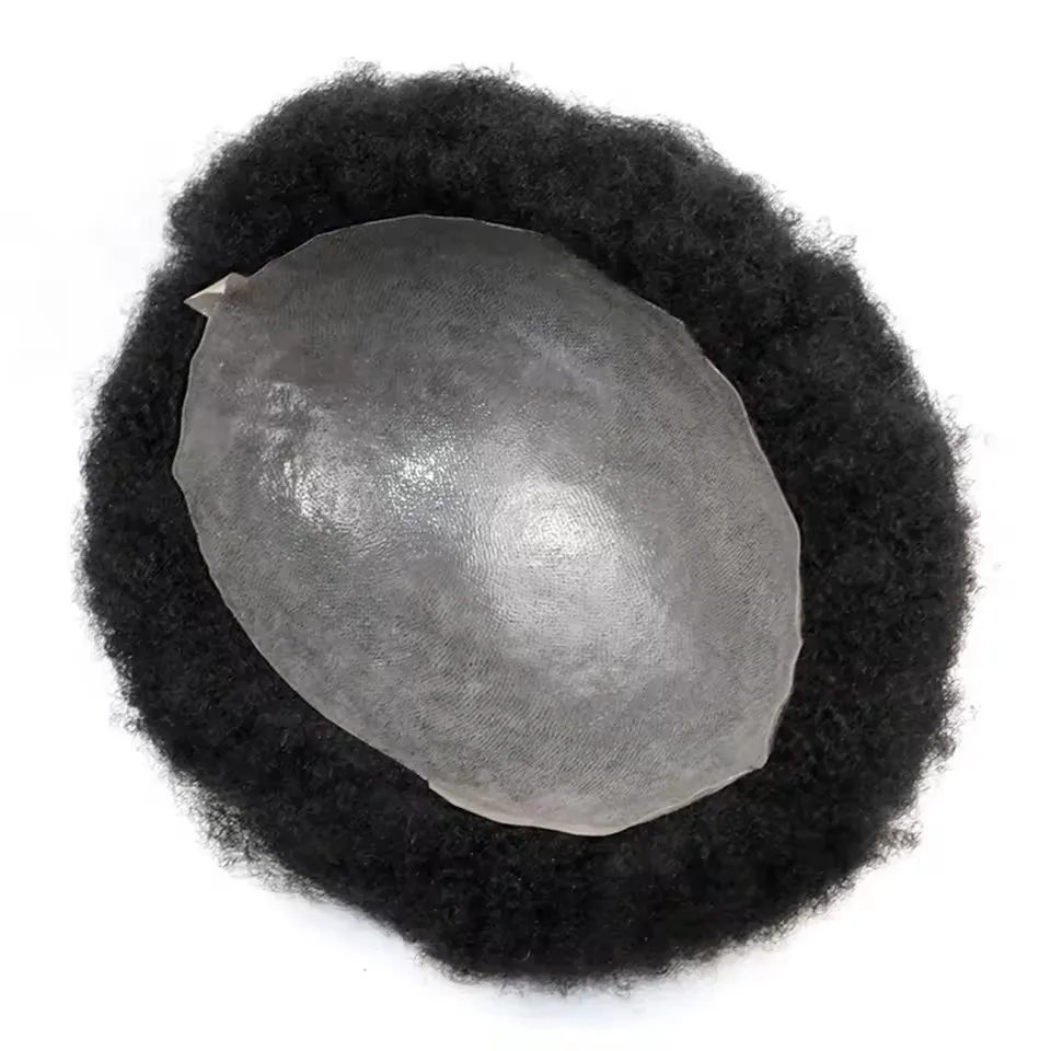 Afro-Toupet für Männer, Haarersatz aus dünnem PU-Material, 4MM krauses gelocktes Echthaar, natürliche Haareinheit, Haarteil – Detail 5