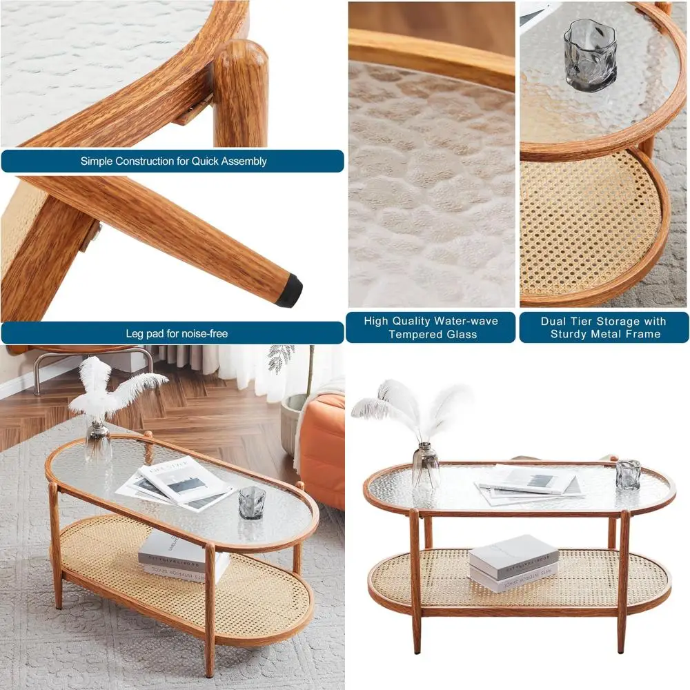 

Elegant Oval Rattan Coffee Table with 2-Tier Storage, Ideal for Living Rooms and Small Spaces, Natural Style
