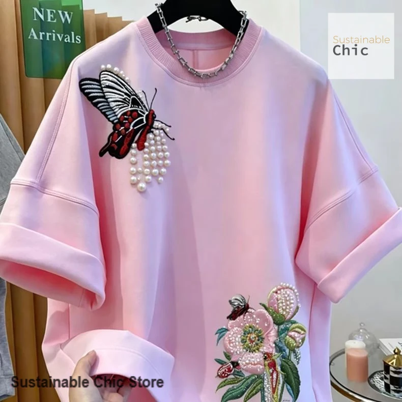 

Chinese heavy industry butterfly embroidery short sleeve T-shirt women's summer fashion niche design sense plus size loose top
