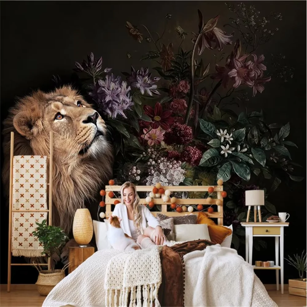 

Пользовательские papel de parede Тигр Лев цветок ТВ фон обои гостиная диван фреска обои для покрытия стен 3D наклейки
