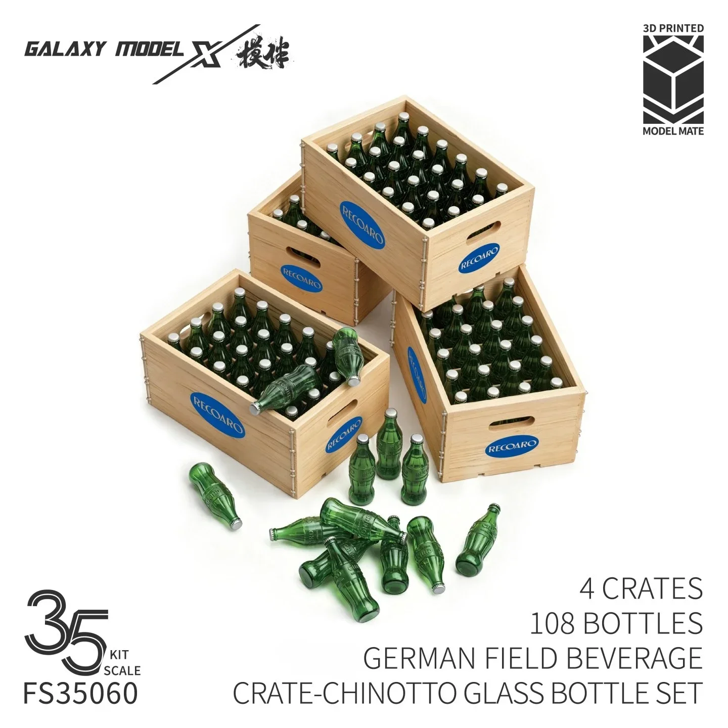 Galaxy 3D Printed Resin 4 Crates 108 Bottles German Field Beverage Glass Bottle Set for Military Model Making Hobby Diorama