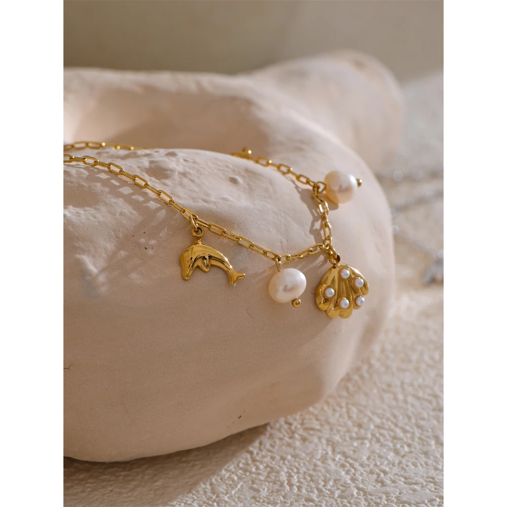 Yhpup Ocean Style Stainless Steel Shell Conch Dolphin Pearls Drop Charm Anklet Fashion Exquisite Jewelry Bijoux Femme