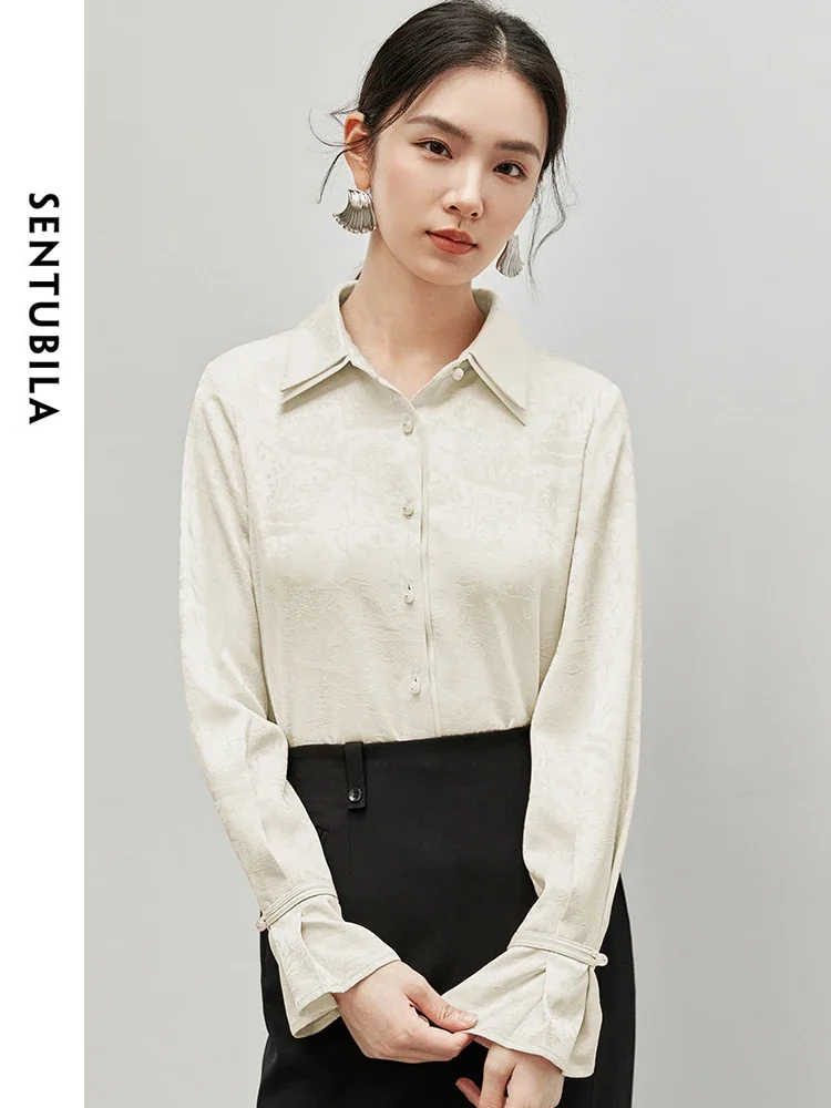 SENTUBILA Elegant Jacquard Shirt Women 2024 Autumn Straight Double Layered Collar Flare Sleeve Woman Shirts & Blouses 143C55884