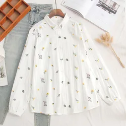 Fashion Fresh Floral Printing Long Sleeve Shirt Women 2024 Autumn New Ladies Loose Casual Cotton Yarn White Shirts & Tops