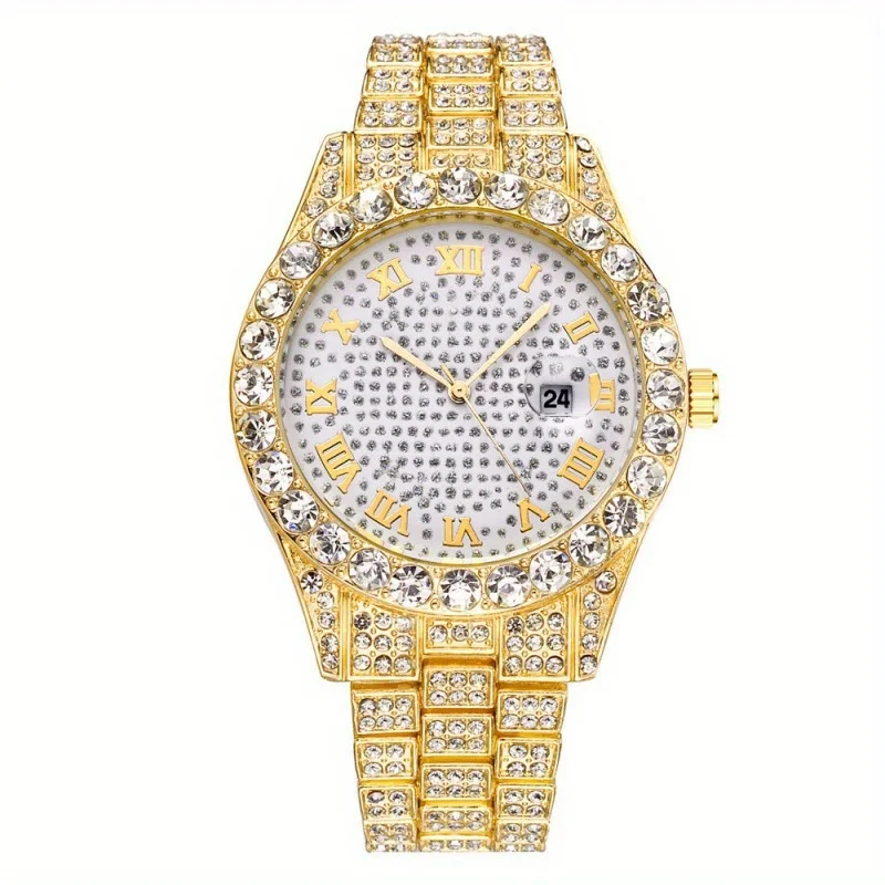 1pc Men\'s Calendar Rhinestone Studded Quartz Wristwatch With Alloy Steel Strap And 1pc Rhinestone Strap, Ideal choice for Gifts