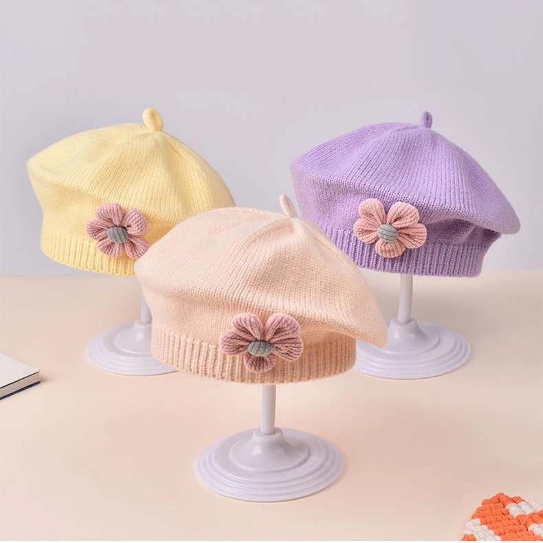Neonate Autunno Inverno Cappello Fiore carino Berretto Bambino lavorato a maglia Artista Cappello Bambini Berretto di lana per neonato 6-12 mesi Casa all'aperto