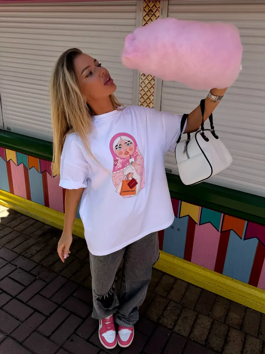 

100% Pure Cotton Short-sleeved Loose Versatile and Cute Style Ins Trendy Brand Fun Cartoon Print Unique and Distinctive Women's