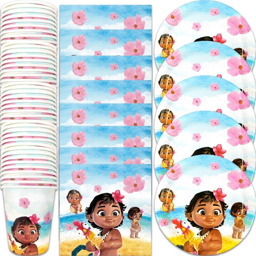 Moana Baby Girl Theme Tablecover Gifts Bag Plates Cupcake Topper Balloons Happy Birthday Party Napkins Decoration Hanging Banner