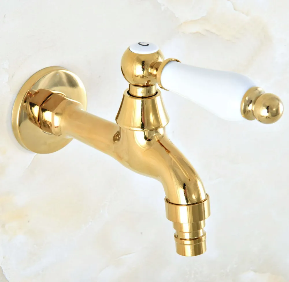 Golden Brass Single Hole Wall Mount Faucet Washing Machome Out Door Garden Sink Cold Water Taps Dav150