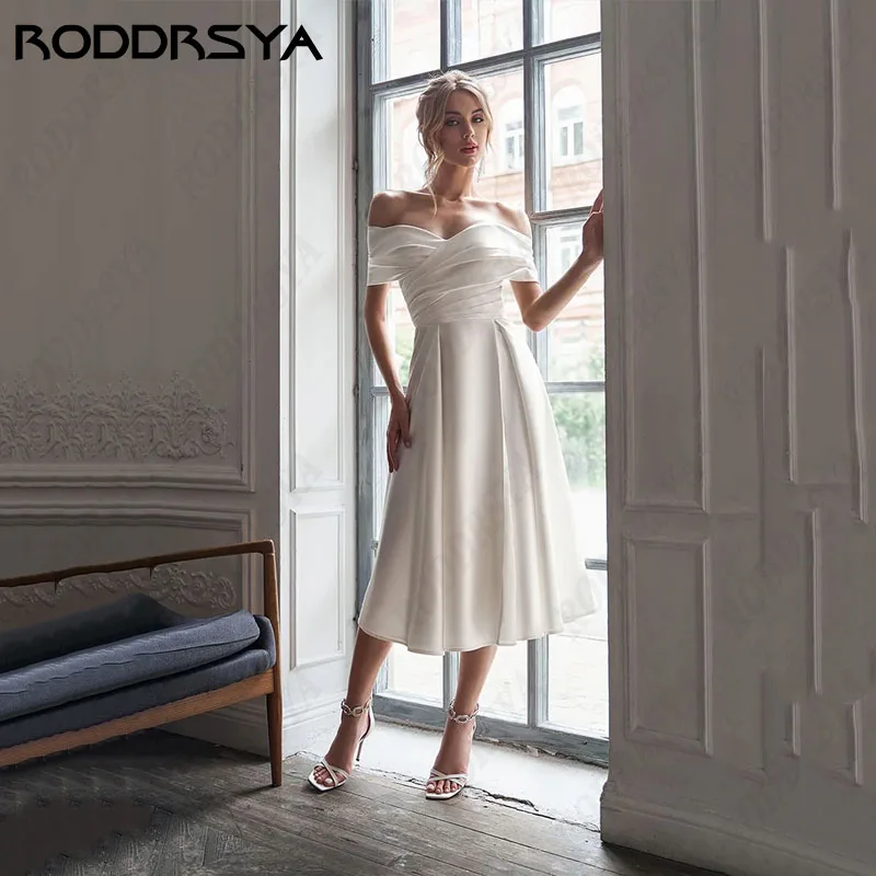 فساتين زفاف بسيطة مكشوفة الكتفين من RODDRSYA بطول الشاي من الساتان الناعم vestidos de novia دانتيل من الخلف مثير برقبة على شكل حرف V مخصص بطول الشاي من الساتان الناعم vestidos de novia دانتيل من الخلف مثير برقبة على شك