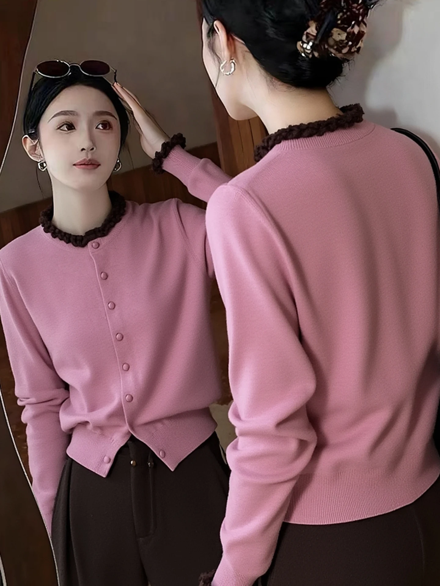

Autumn Winter Lady Style Color Block Long Sleeve Single Button Unique Design Versatile Knitted Sweater Casual Loose Fit Top