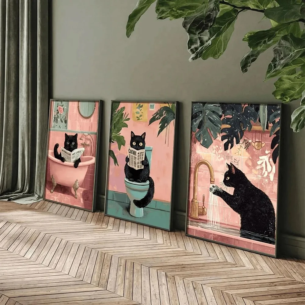 Bathroom Cat Canvas Wall Art Print Poster Funny Cat Decorative Painting for Modern Home Bathroom Decor Pet Lover Gift Unframed
