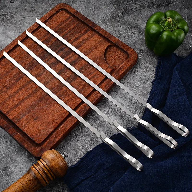 Cheap Wholesale Reusable Stainless Steel Flat Barbecue Skewers BBQ Grilling Accessories