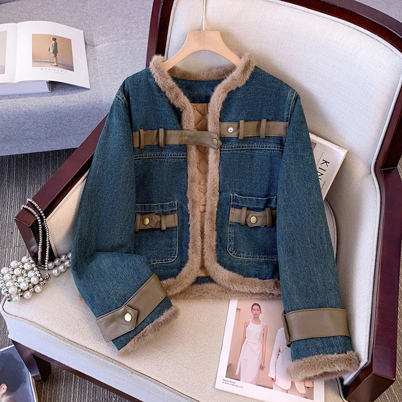 

New Cotton Padded Denim Jacket For Women Solid Color Commuting Loose Thicken Tops Winter Round Neck Pocket Design Coct