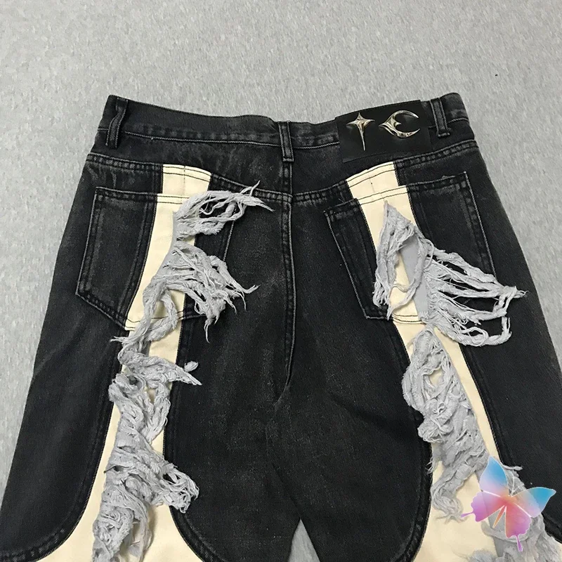 THUG CLUB جينز ثقيل الوزن من الجلد على شكل نجمة القمر الربط اللون حجب شرابة Vinatge سراويل جينز مغسولة للرجال والنساء