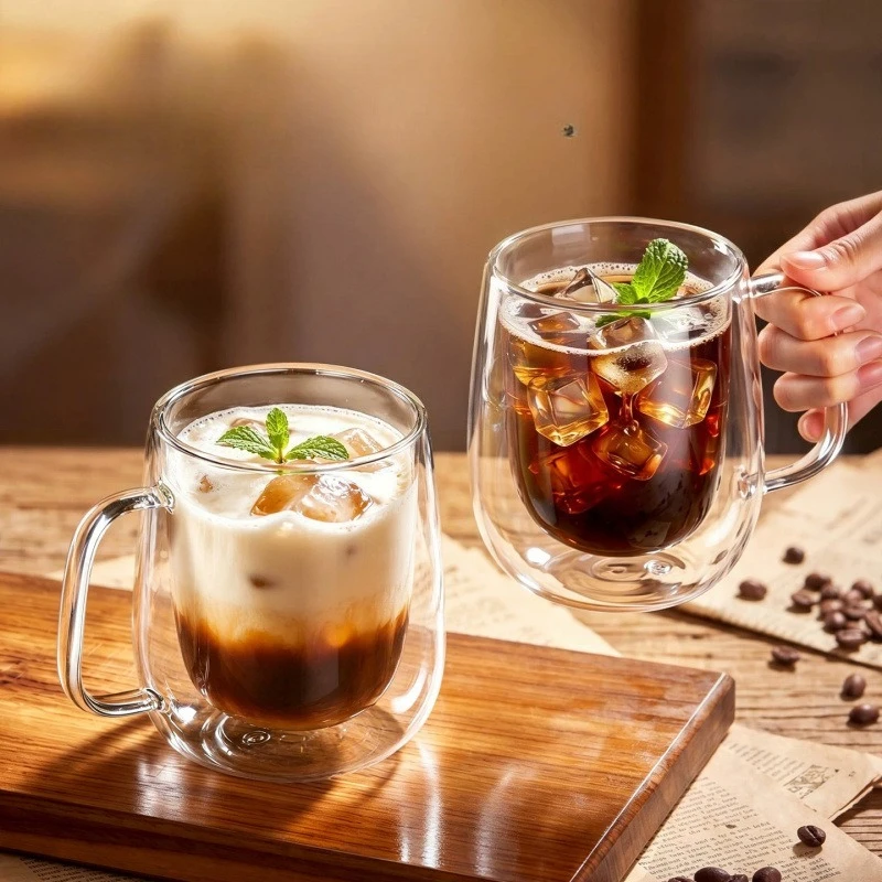 260-350ml Heat-resistant High Borosilicate Glass Cup,Double-layer Insulated Tropical Handle,Coffee Cup,Milk Water Cup,Clear Gift