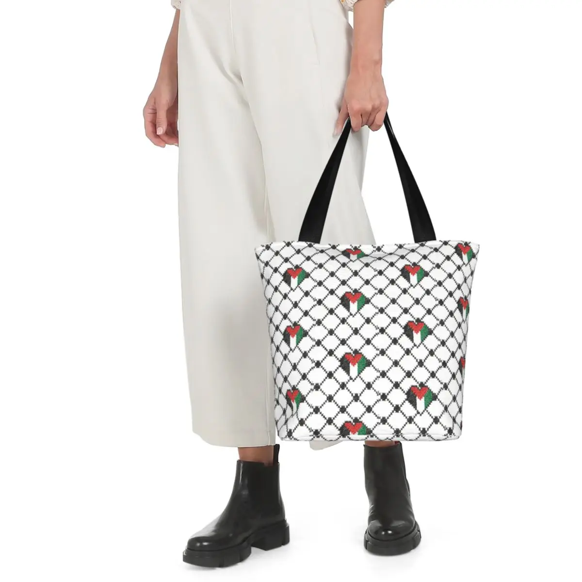 Stylish Woman Heart Palestine Flag Keffiyeh Top Handle Bag With Zipper Palestinian Hatta Kufiya Accessories Handbag Tote Bags