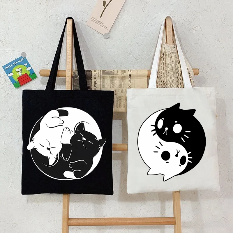 

Kawaii Black White Animals Cats Canvas Tote Bag Women Men Cartoon Kitten Shoulder Bag Large Capacity Fashion Cat Teen Handbags